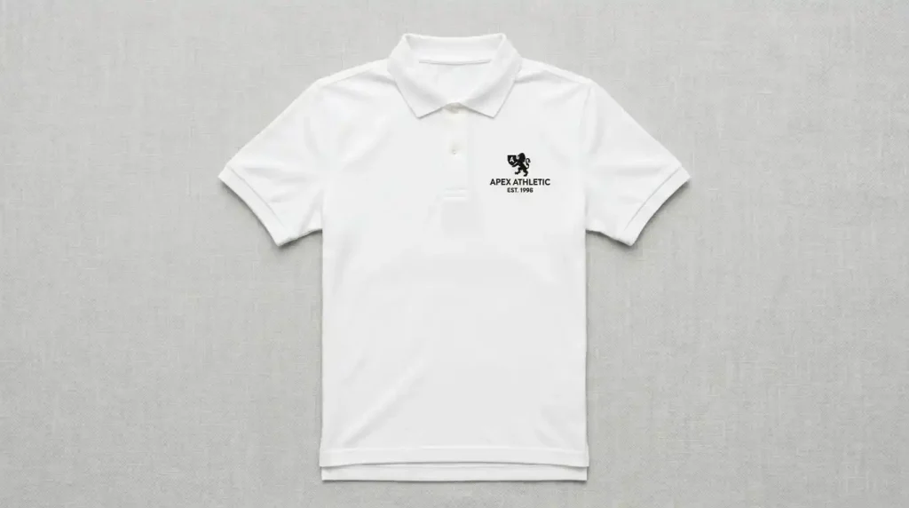 Clean small embroidery logo on white polo shirt with sharp detail and flat stitching