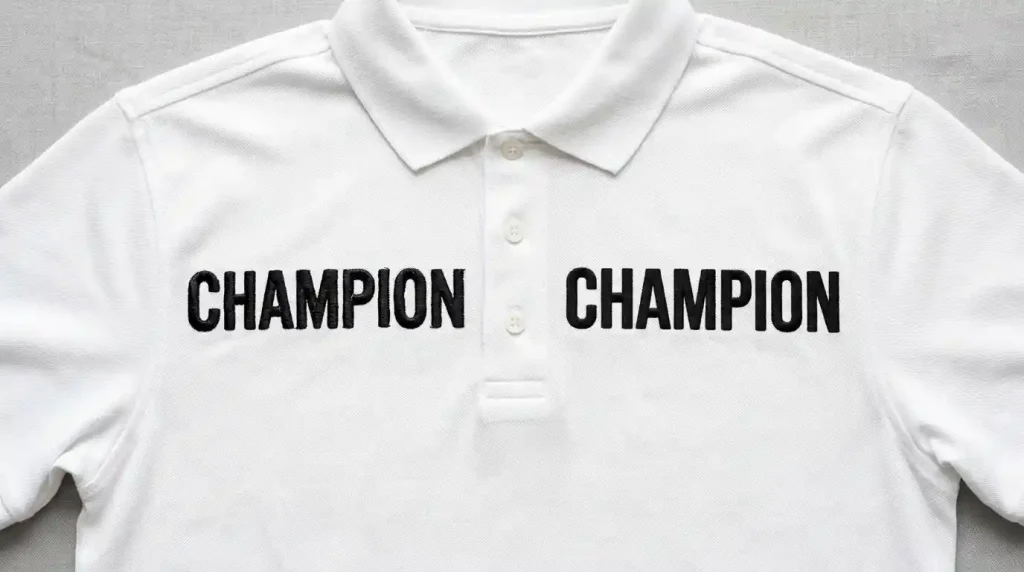 Embroidery lettering comparison showing satin stitch versus fill stitch results on white polo shirt