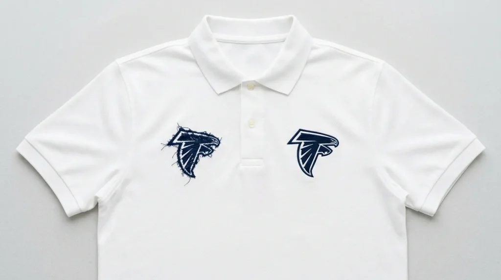 Embroidery fill stitches leaking outside outline comparison showing problem and fix on white polo shirt