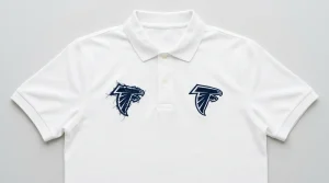 Embroidery fill stitches leaking outside outline comparison showing problem and fix on white polo shirt