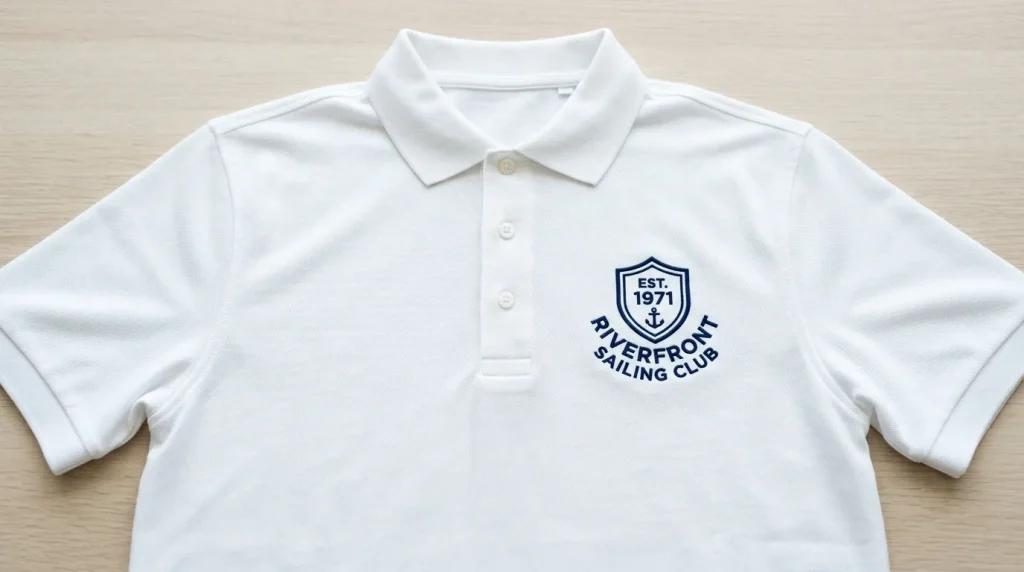 Clean professional embroidery logo on white polo shirt with fill stitches correctly contained within sharp border outline