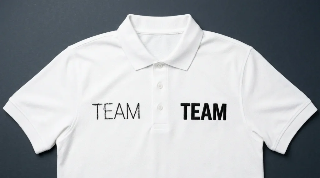 Thickening embroidery letters comparison showing thin weak text versus bold clean result on white polo shirt