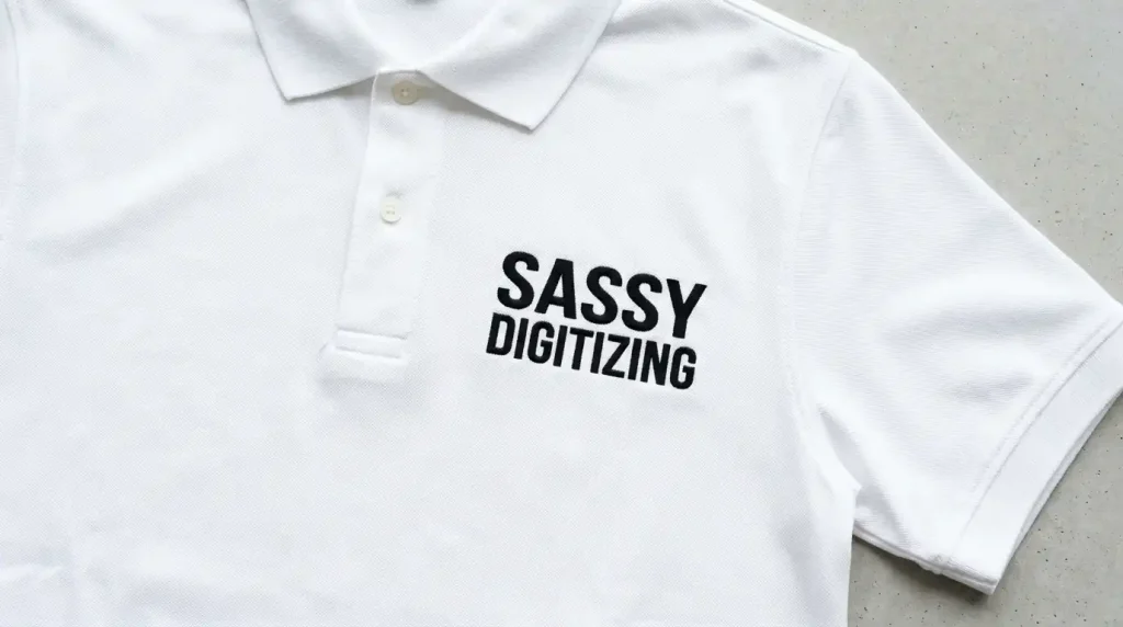 Bold clean readable embroidery text result on white polo shirt showing professional digitizing quality