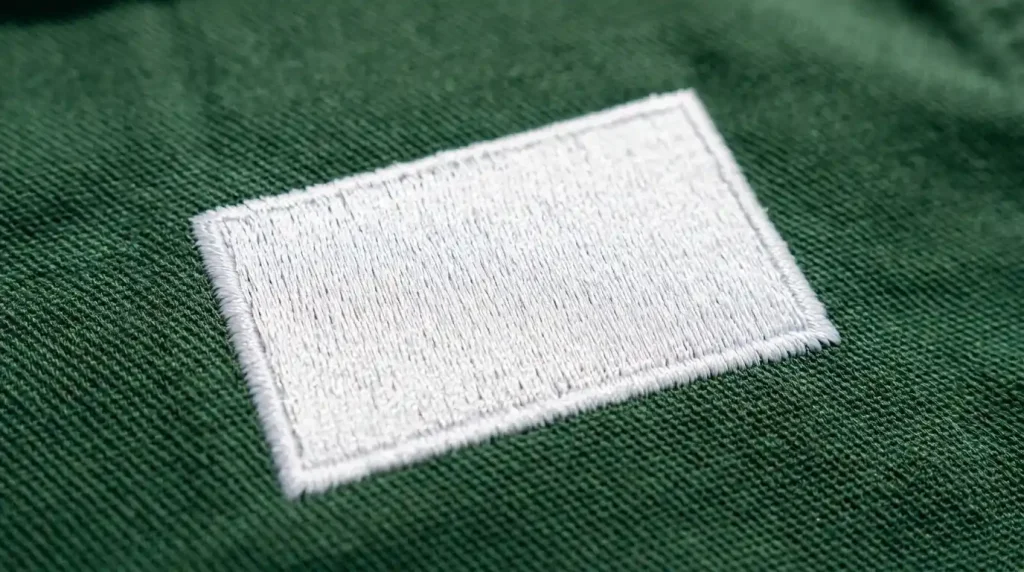 Close-up of correctly set embroidery fill stitch with no gaps and full even coverage on forest green jacket