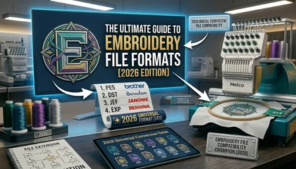 An organized embroidery workstation with a monitor displaying file format tips and a machine stitching a multi-color design.