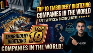 Professional embroidery machine stitching a detailed tiger design with "Top 10 Companies" text.