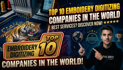 Professional embroidery machine stitching a detailed tiger design with "Top 10 Companies" text.