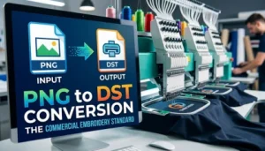 A computer screen showing PNG to DST file conversion next to a commercial embroidery machine in a workshop.