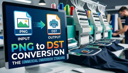 A computer screen showing PNG to DST file conversion next to a commercial embroidery machine in a workshop.
