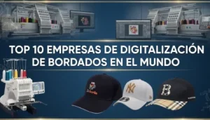 Un primer plano de tres gorras de béisbol con logotipos bordados, incluyendo el logotipo del equipo NY, sobre un fondo con una máquina de bordado.
