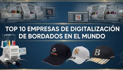 Un primer plano de tres gorras de béisbol con logotipos bordados, incluyendo el logotipo del equipo NY, sobre un fondo con una máquina de bordado.